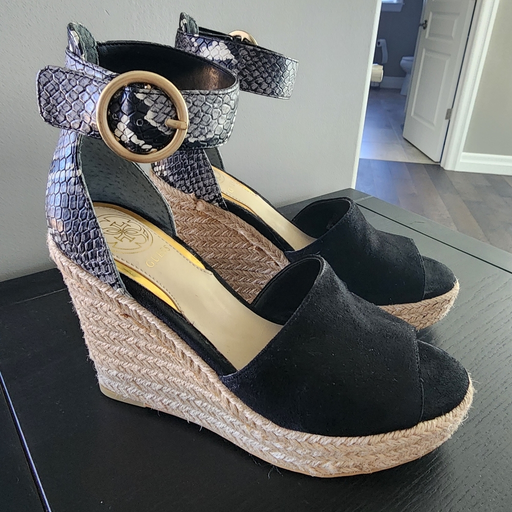 Guess Black and Snakeskin Wedge Sandals
